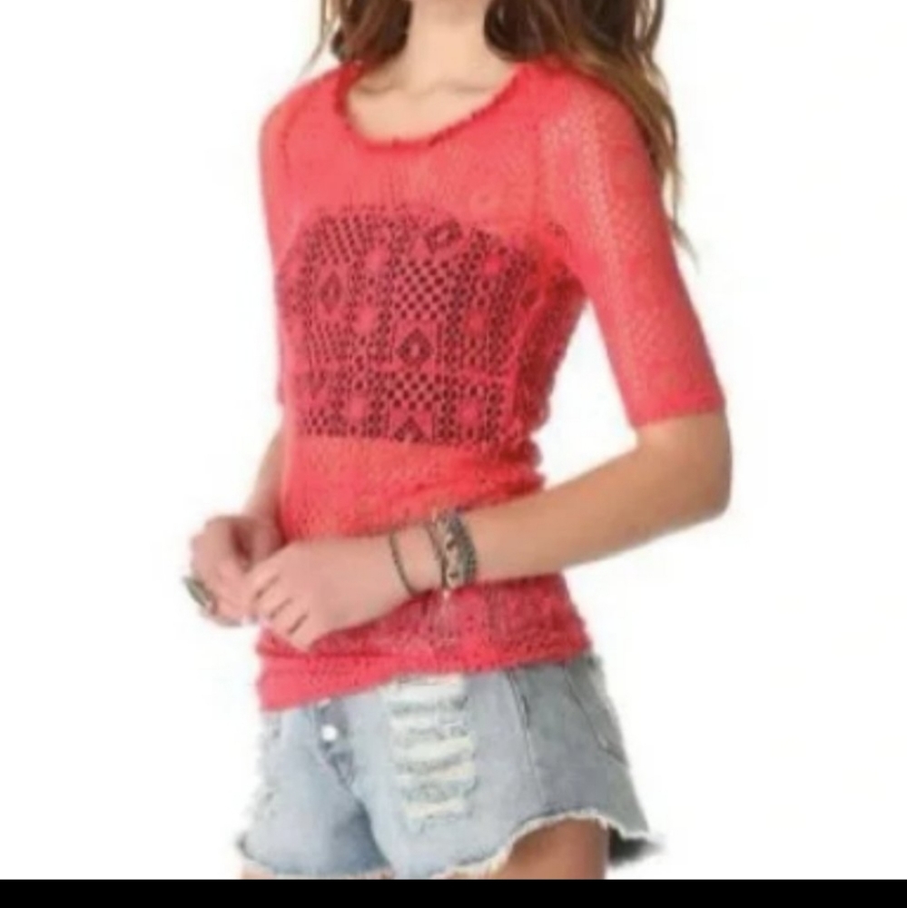 NWT Free People Crochet Top, Geolace, Watermelon Pink